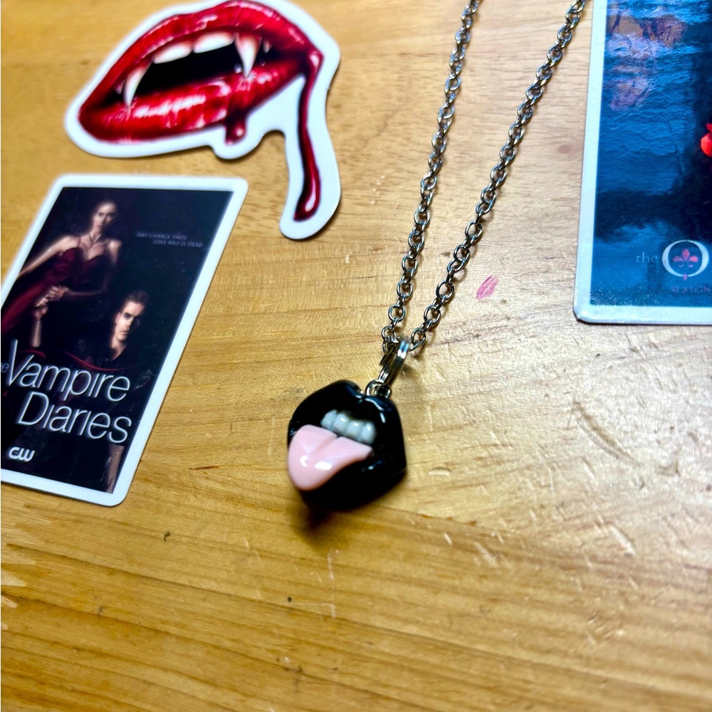 Bite Me black lips + sticking out tongue necklace 3-D